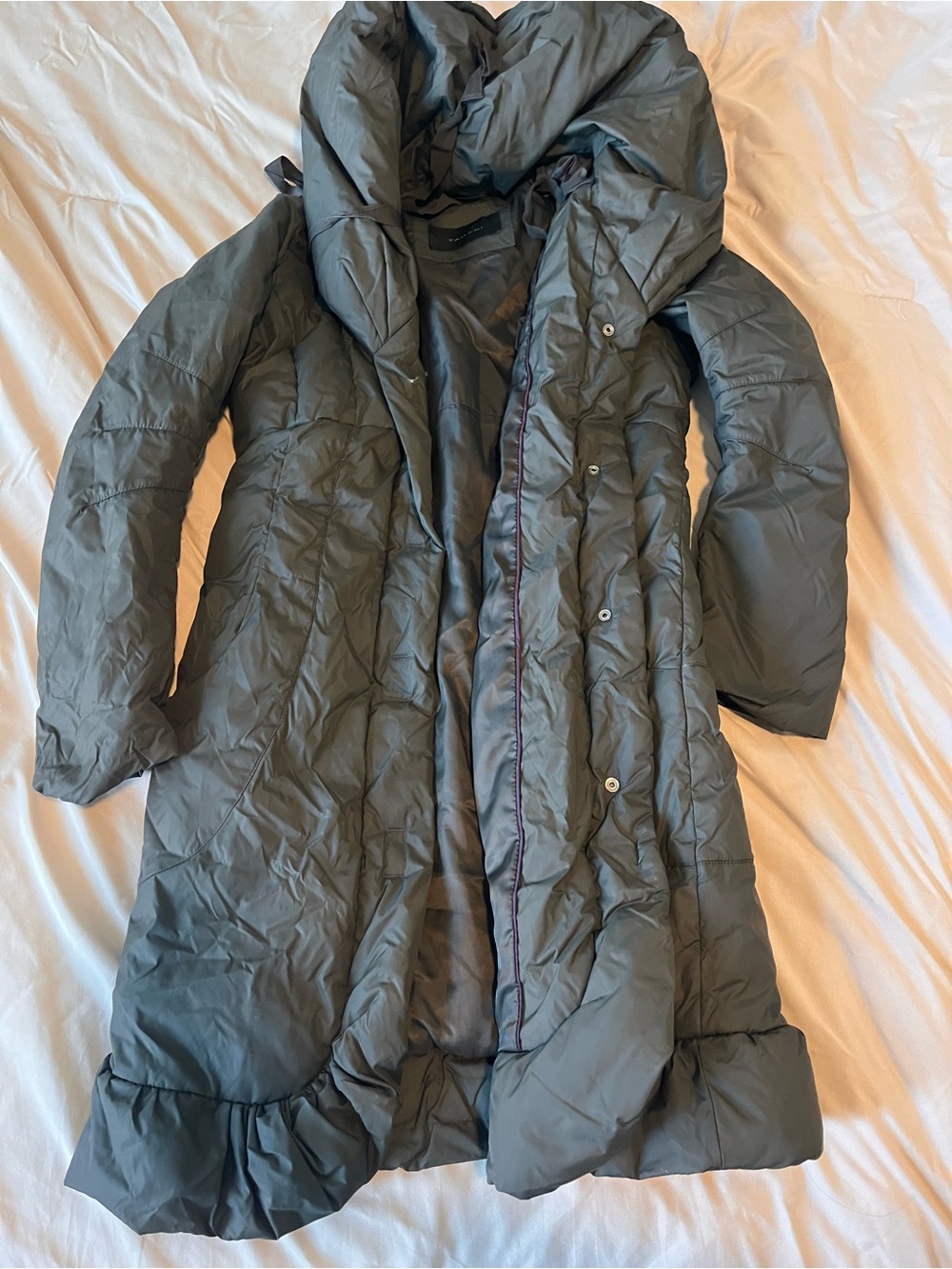 Tahari dark green Long Ruffle-Hem Puffer Coat with Hood